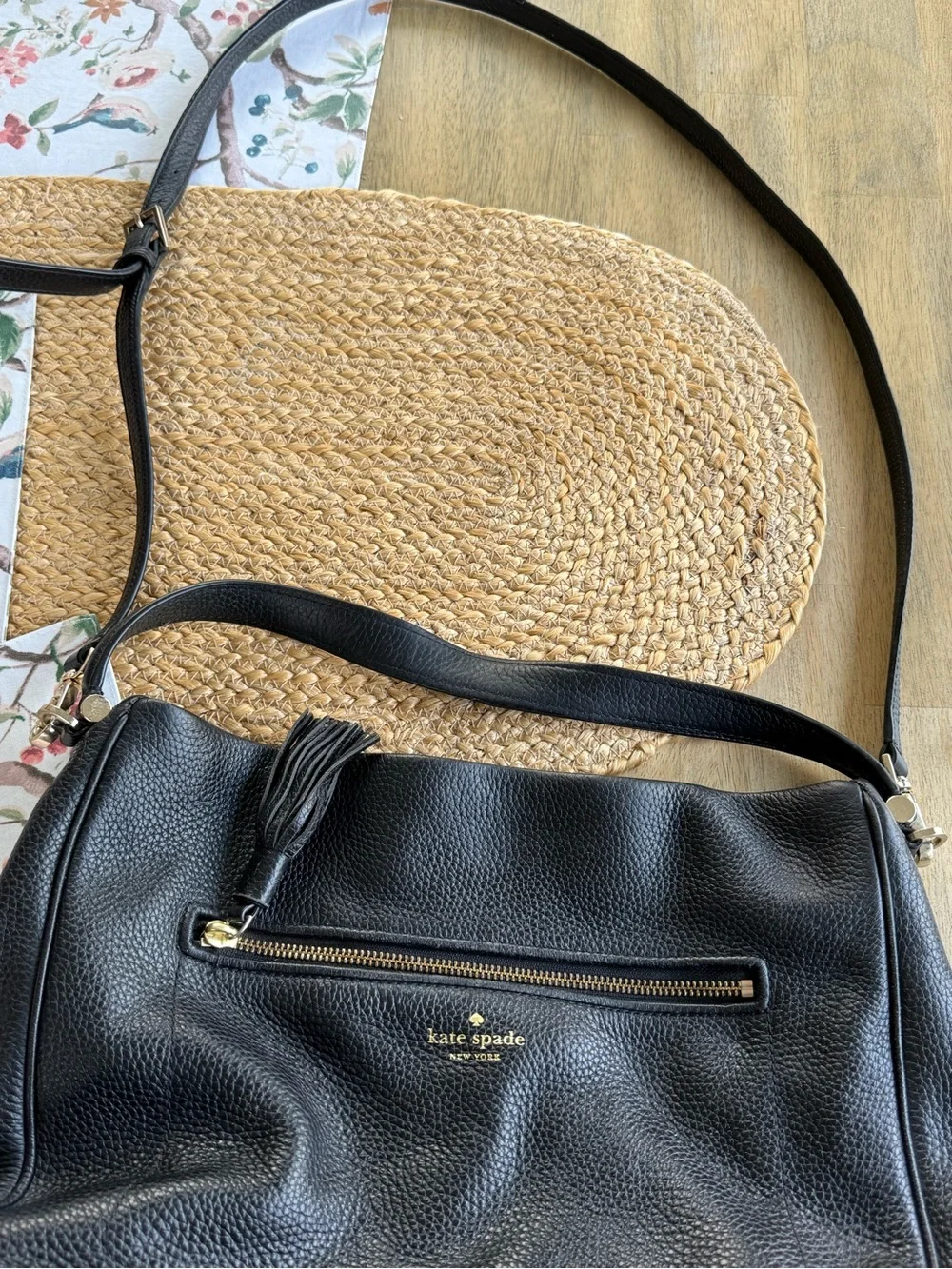 kate spade Black Pebbled Leather Tassel Shoulder Bag